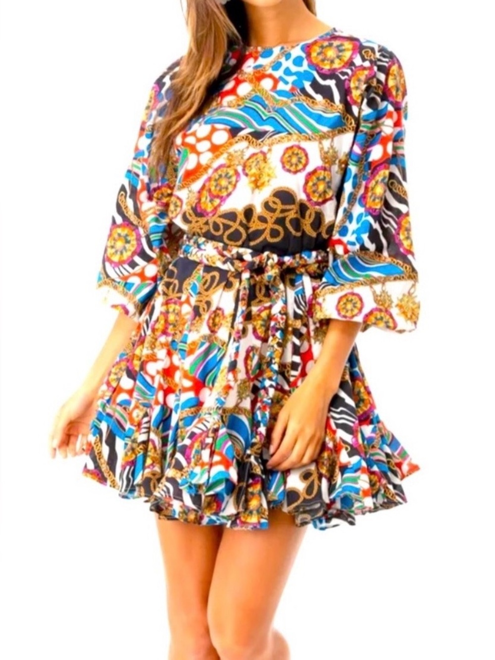 RHODE Multicolor Chain-Print Tiered Mini Dress